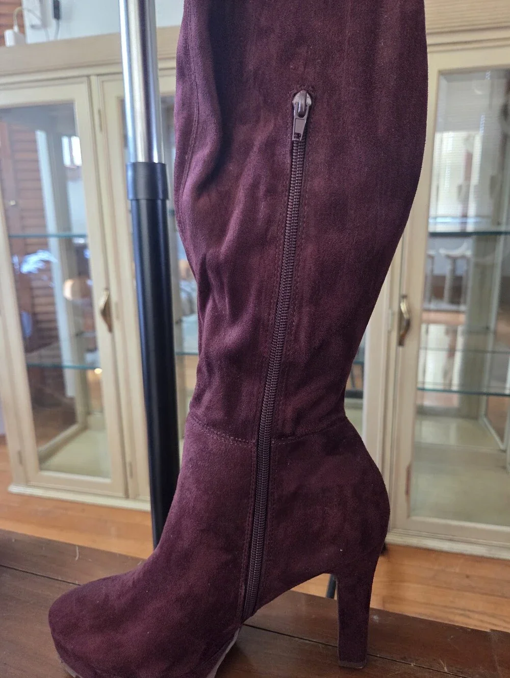 Oxblood Faux Suede Platform Heeled Over The Knee Boots